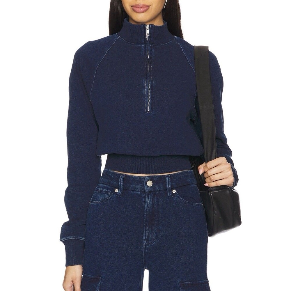 Good American Jeanius Shrunken 1/2 Zip Women Sz L Indigo Blue French Terry EUC